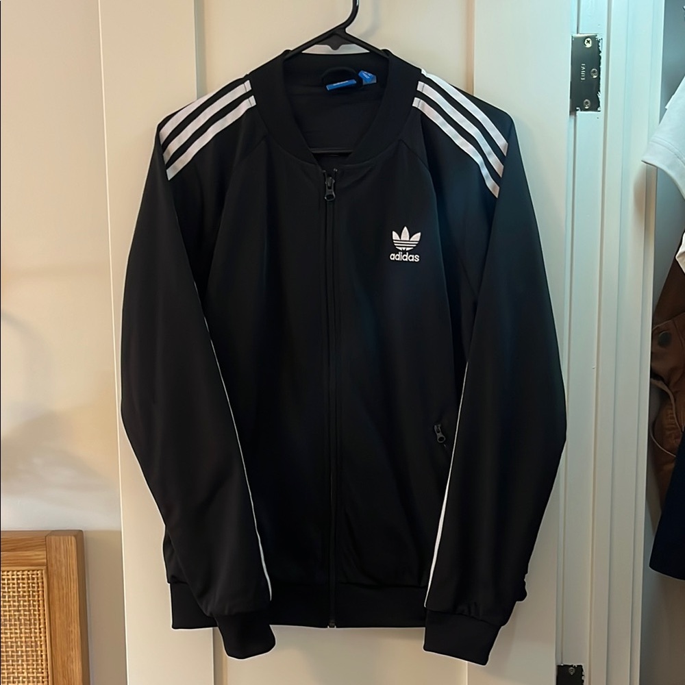 Adidas Black Track Jacket with White Stripes L